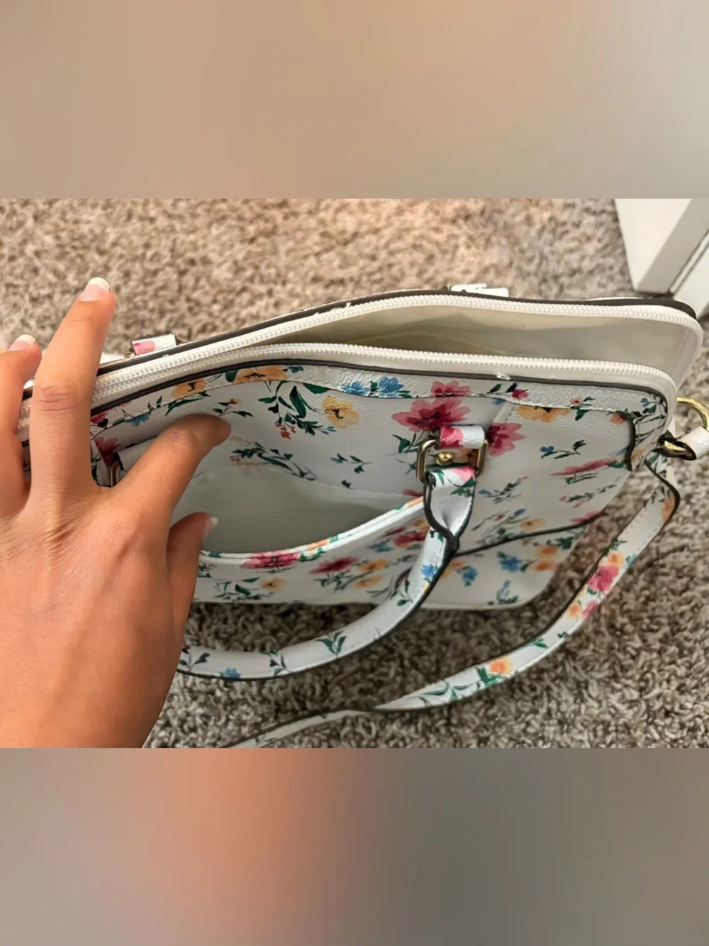 Liz Claiborne White Floral Satchel with Pink, Yellow & Blue Accents